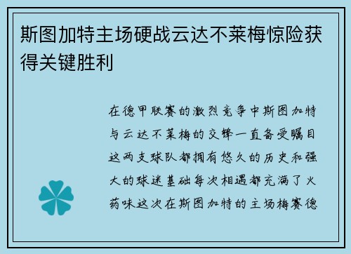 斯图加特主场硬战云达不莱梅惊险获得关键胜利