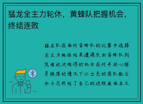 猛龙全主力轮休，黄蜂队把握机会，终结连败